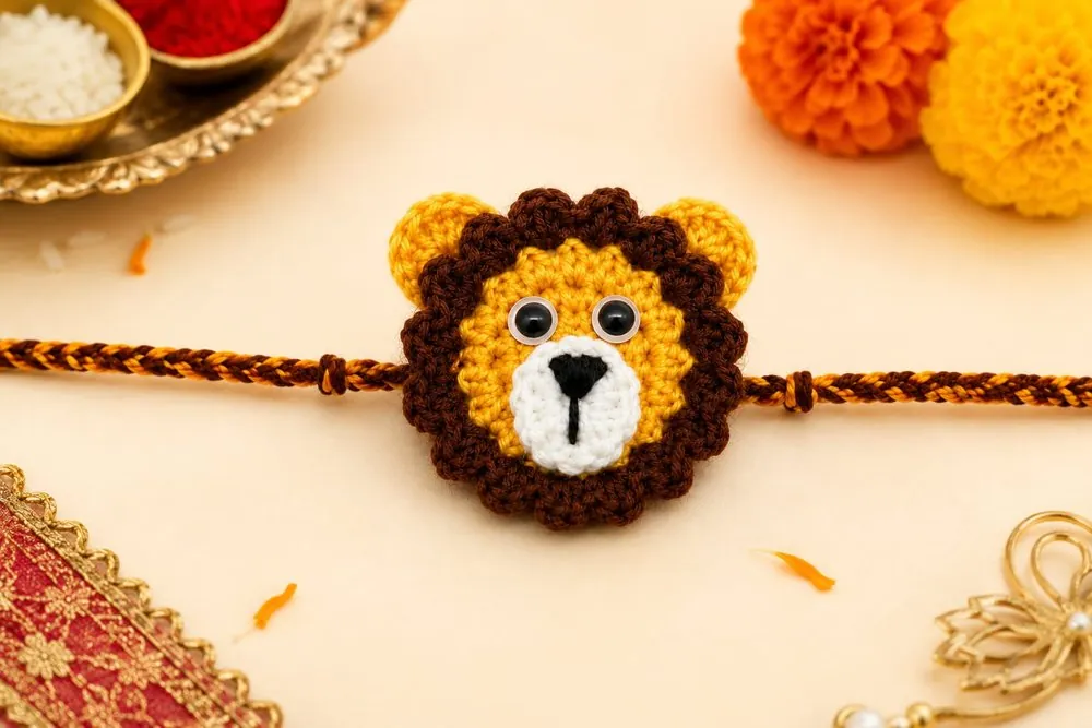 Handmade crochet lion face rakhi with brown mane on a striped braided thread