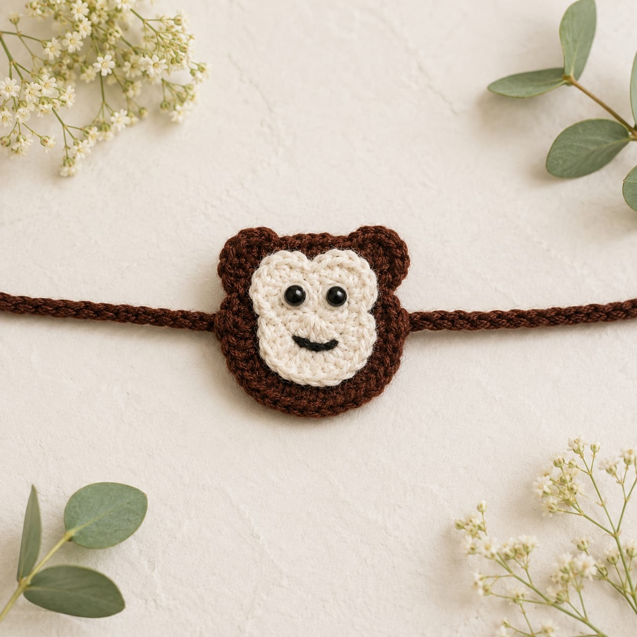 Handmade crochet brown monkey face rakhi with a cream muzzle on a brown cord