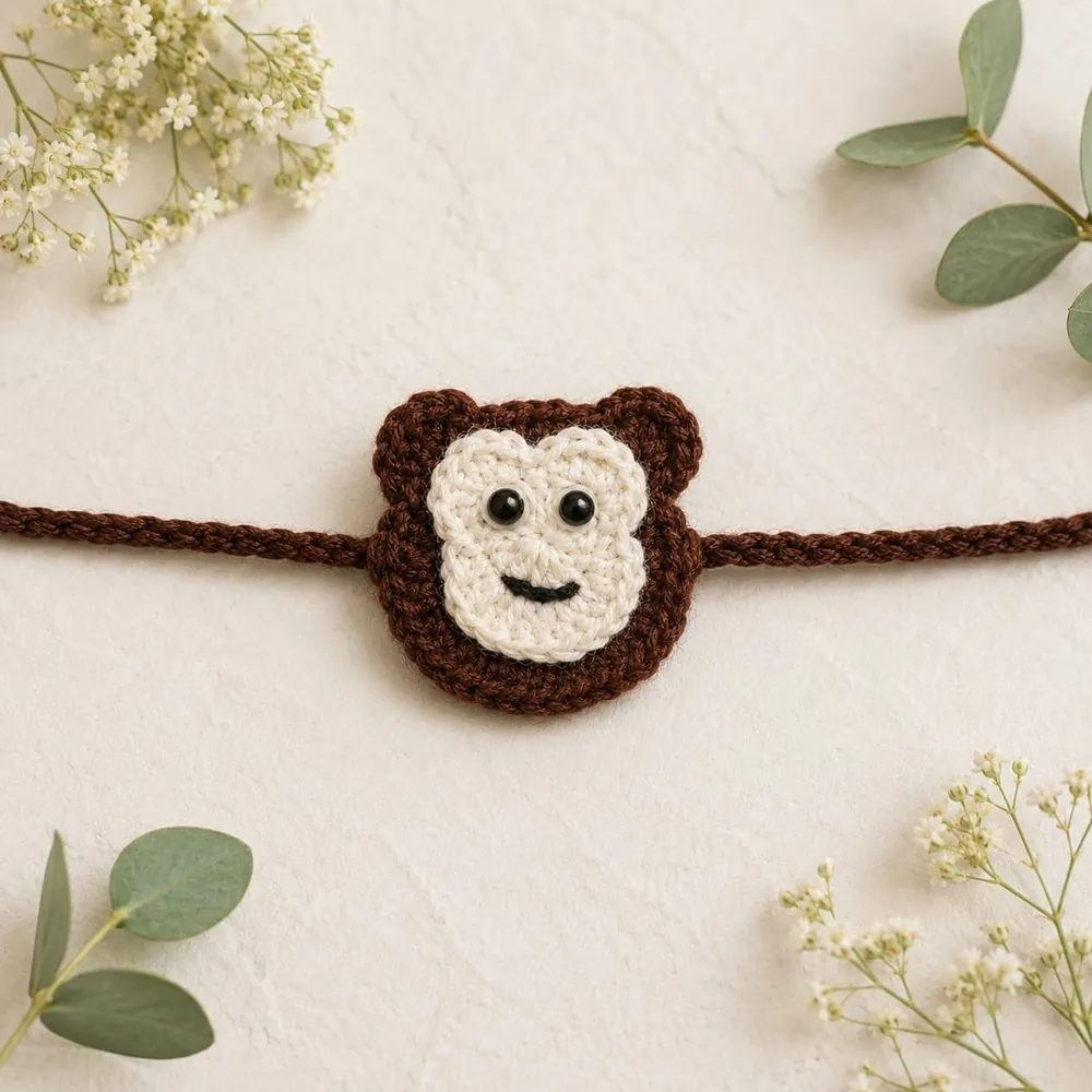 Handmade crochet brown monkey face rakhi with a cream muzzle on a brown cord