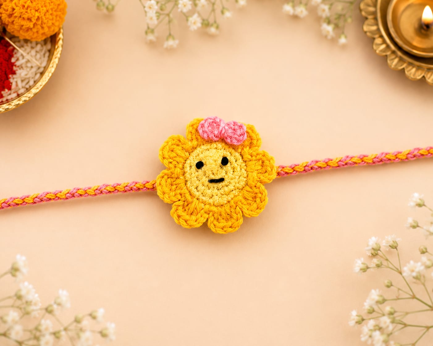 Handmade crochet smiley sunflower face rakhi with a pink bow on a pink-and-yellow braided thread