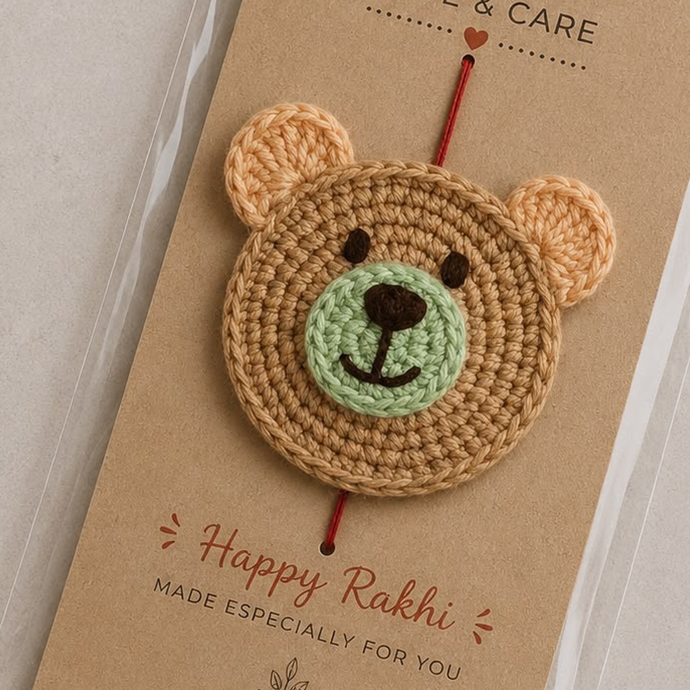 Handmade crochet brown teddy bear face rakhi with a mint muzzle
