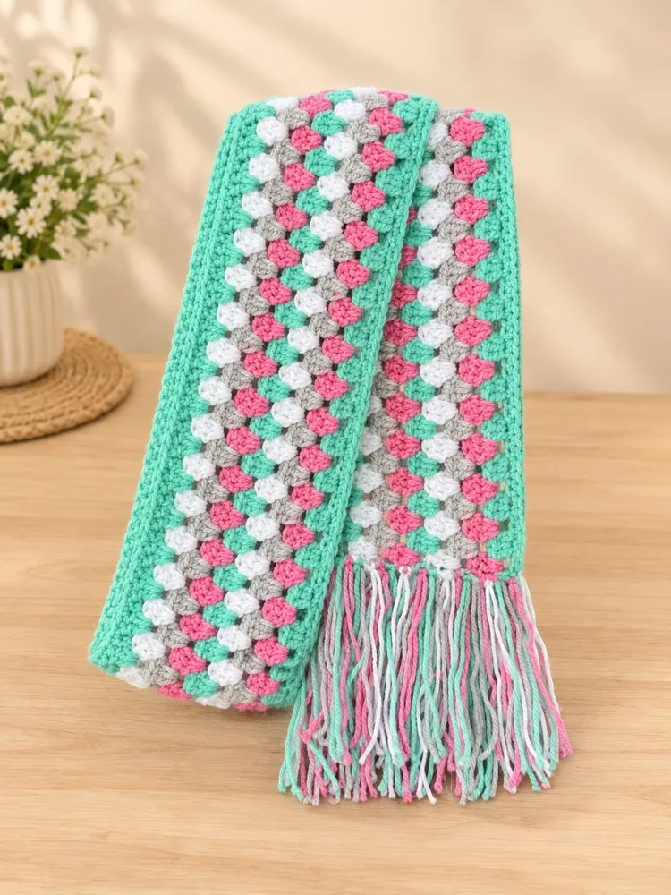 Handmade crochet granny stripe scarf in mint, pink, grey and white with a fringe