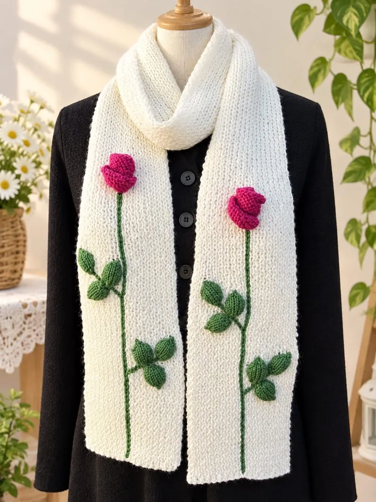 Handmade white crochet scarf with a long-stemmed magenta rose stitched at each end