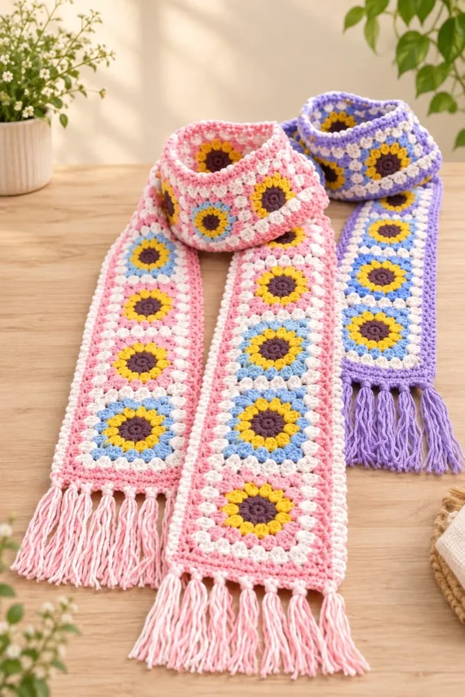 Handmade crochet sunflower granny square scarves in pink and lavender with tassel fringe