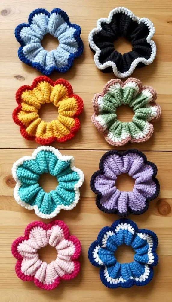 Handmade chunky crochet flower-shaped scrunchies in eight colourways