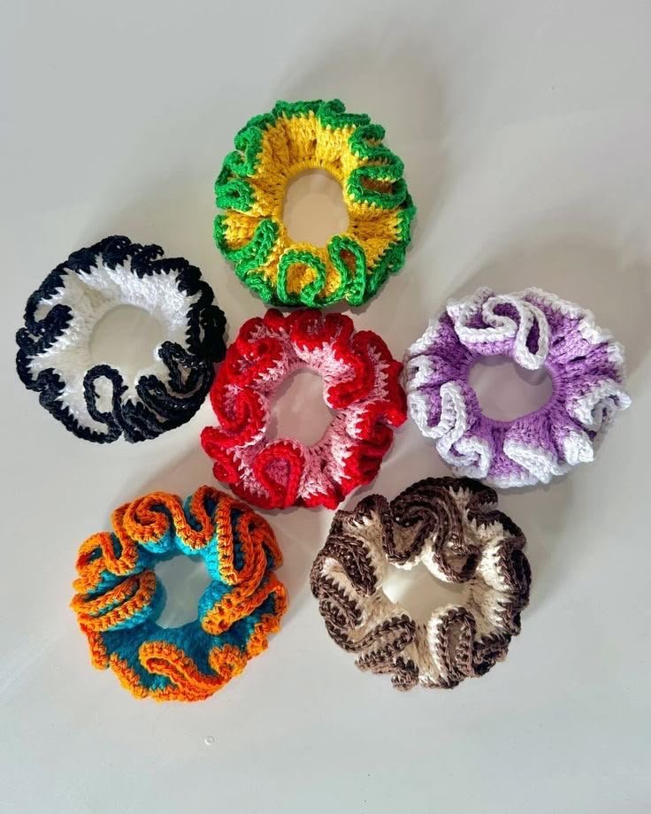 Handmade ruffled crochet scrunchies in six two-tone colourways
