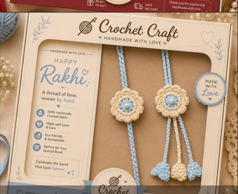 Handmade crochet pastel blue and cream flower rakhi pair, gift boxed