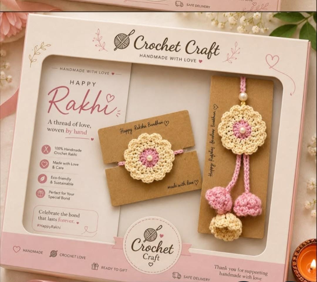 Handmade crochet cream and pink flower rakhi with matching lumba, gift boxed