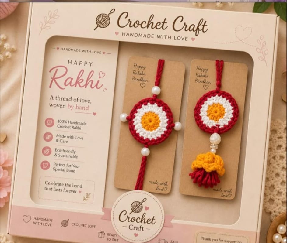 Handmade crochet red white and yellow mandala rakhi with matching tasselled lumba, gift boxed