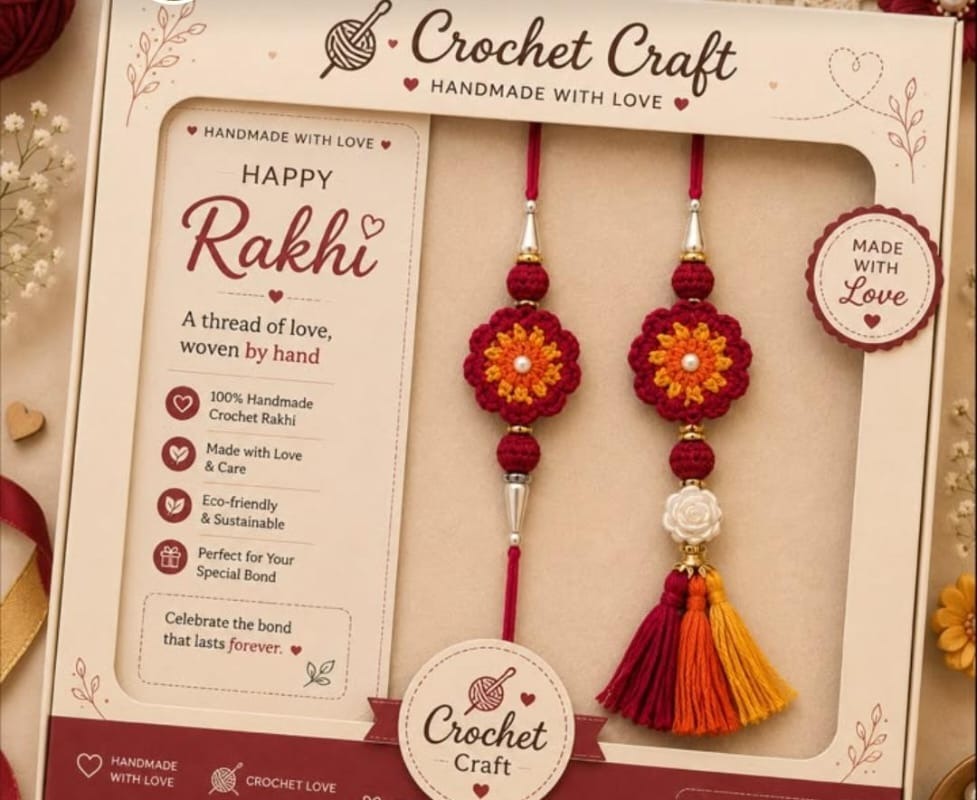 Handmade crochet maroon and gold mandala rakhi pair with beads and tassels, gift boxed