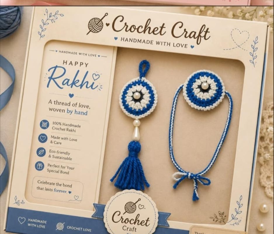Handmade crochet navy blue evil eye rakhi with matching beaded lumba, gift boxed