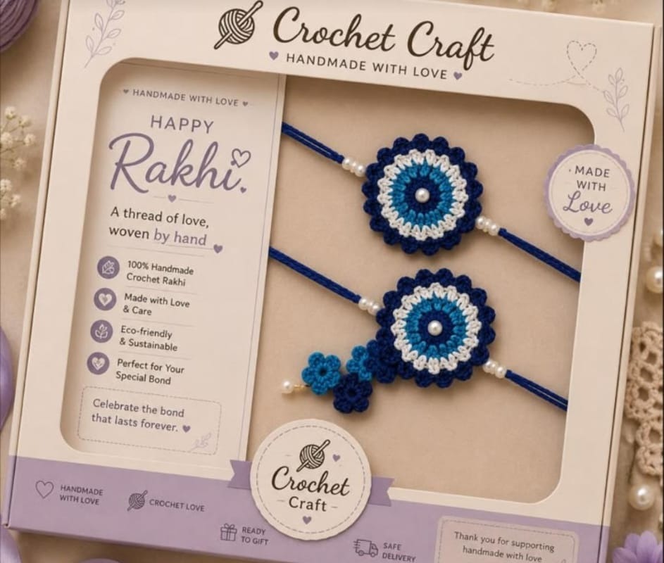 Handmade crochet navy blue evil eye rakhi pair with crochet flower accents, gift boxed