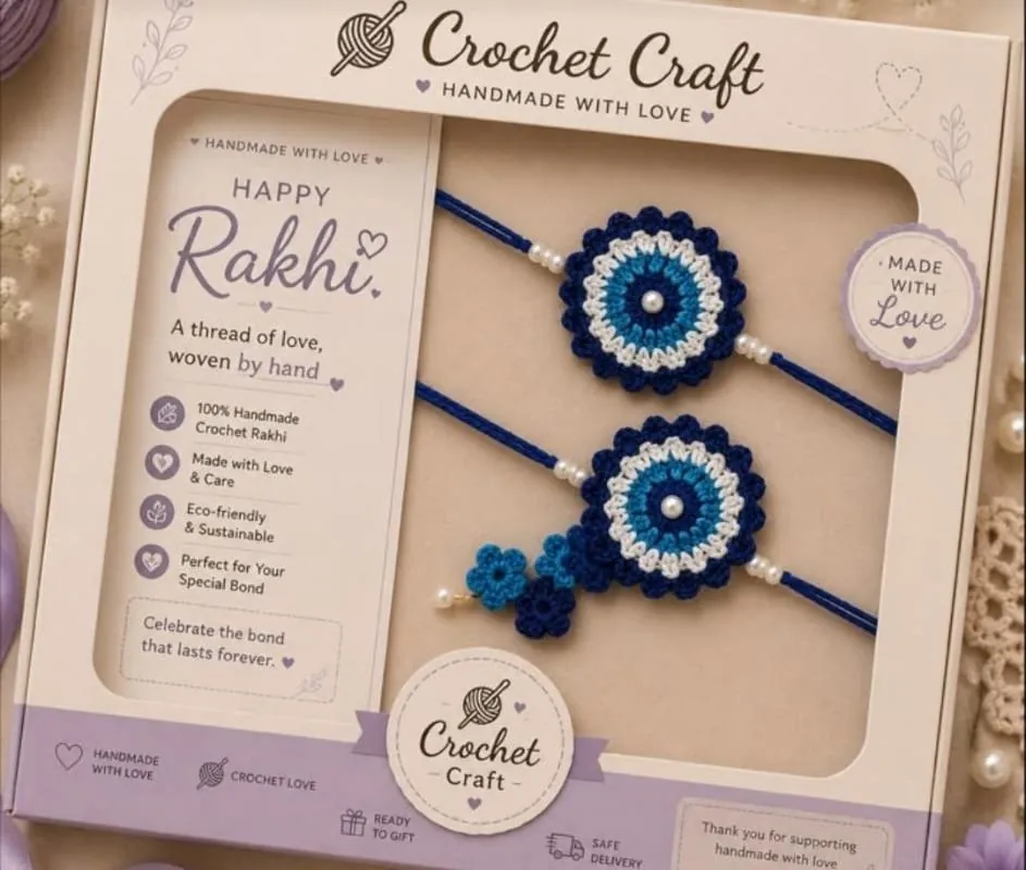 Handmade crochet navy blue evil eye rakhi pair with crochet flower accents, gift boxed