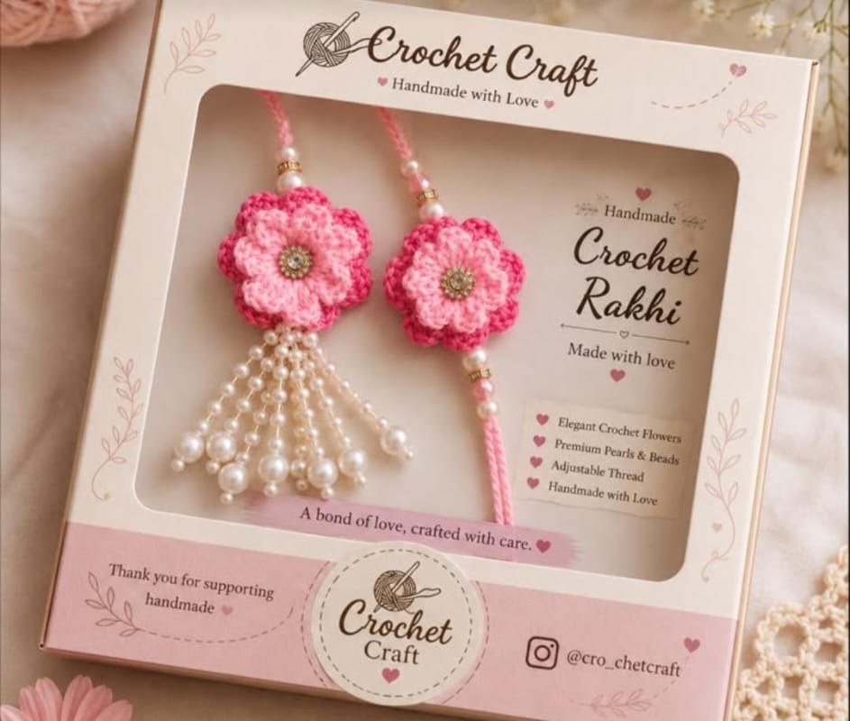 Handmade crochet pink rose rakhi and matching pearl tassel lumba, gift boxed