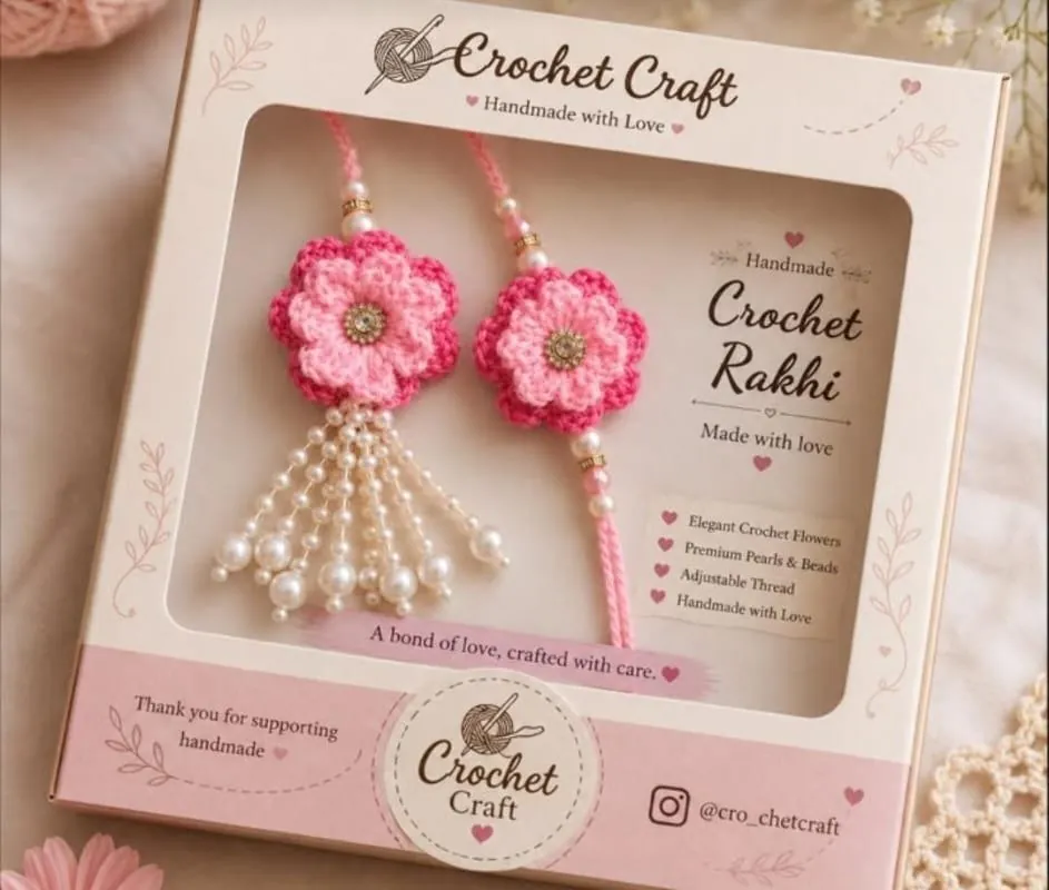 Handmade crochet pink rose rakhi and matching pearl tassel lumba, gift boxed