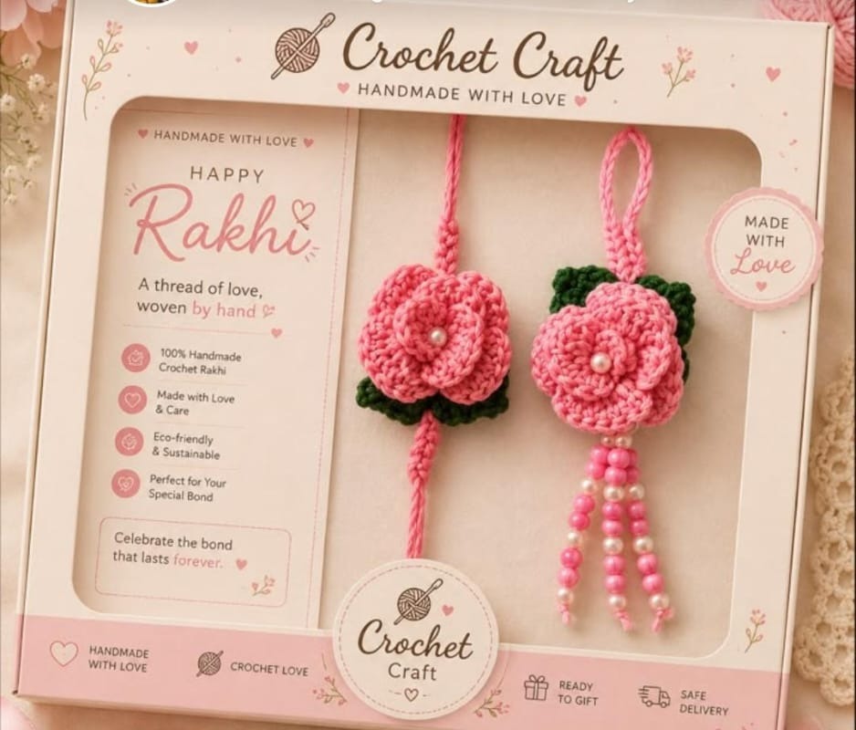 Handmade crochet pink rose rakhi and lumba pair with leaf accents and pearl tassels, gift boxed
