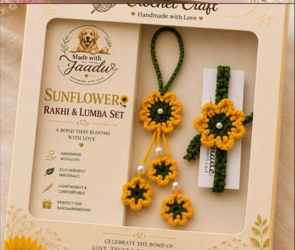 Handmade crochet sunflower rakhi and matching lumba with pearl drops, gift boxed