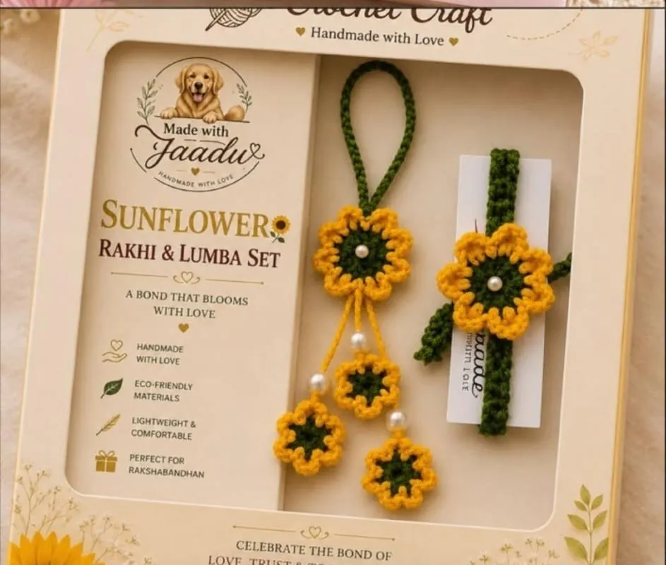 Handmade crochet sunflower rakhi and matching lumba with pearl drops, gift boxed