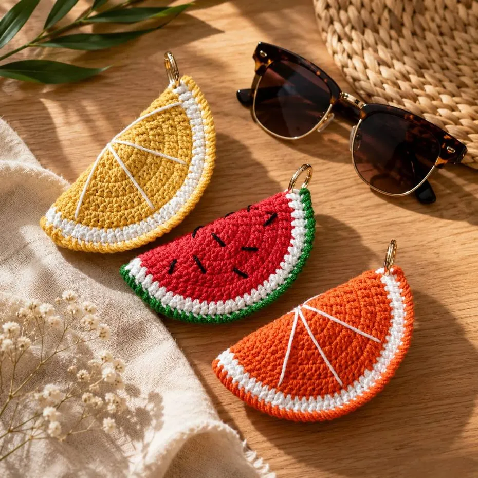 Handmade crochet fruit slice specs holders — lemon, watermelon and orange