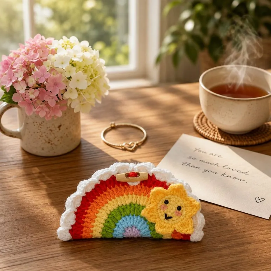 Handmade crochet rainbow specs holder with a smiling sun and a wooden toggle