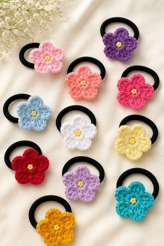 Handmade crochet small flower hair ties on soft elastic bands, in ten colours