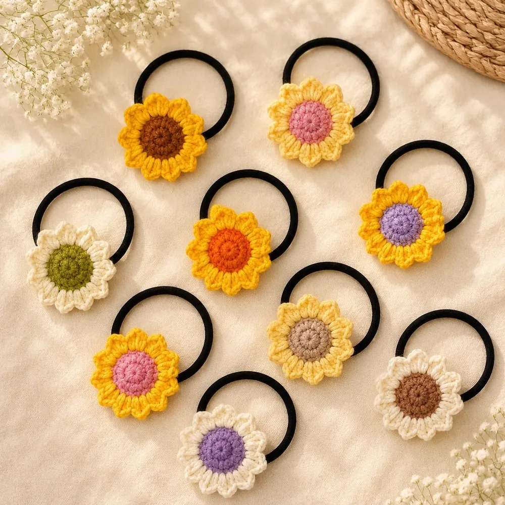 Handmade crochet sunflower hair ties on soft elastic bands, in six colourways
